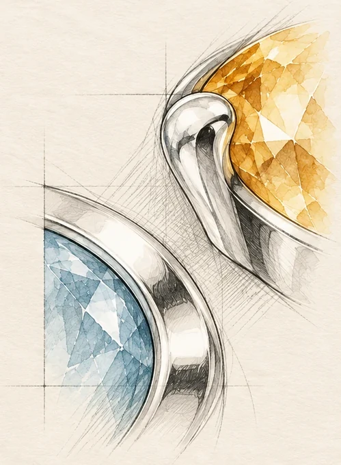 Illustrative silverwork drawing for Sunlit Citrine; unrevealed jewellery concealed